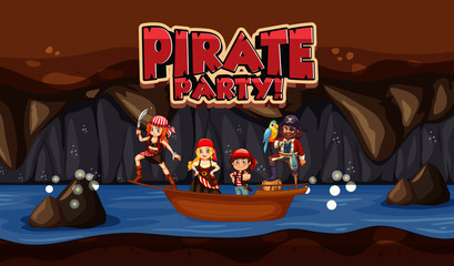 Scene  with pirate and crews in small boat and word design for pirate party