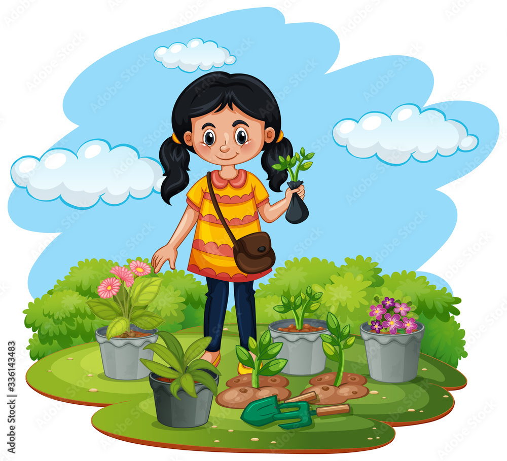 Sticker Scene with kid planting trees in the garden