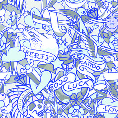 Old school tattoo seamless pattern. Cartoon vector elements in funny style: anchor, dagger, skull, flower, star, heart, diamond, scull and swallow. Doodle in exercise book style.
