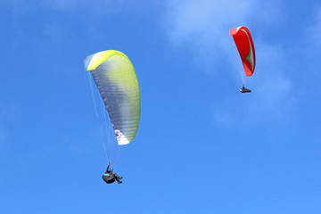 Paraglider flying wing in a blue sky	