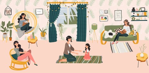 Hygge home concept, women and girl siiting in scandinavian style room spending time at cosy home flat vector illustration. Woman reads book in armchair, plays with daughter in hygge furnished room.