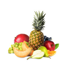 Different ripe juicy fruits on white background