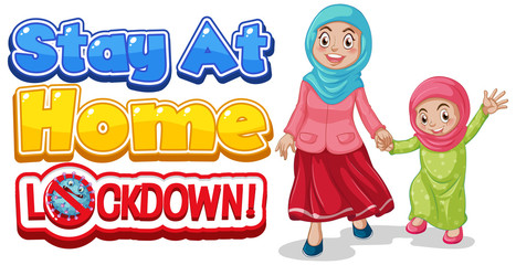 Font design for words stay at home with happy family members