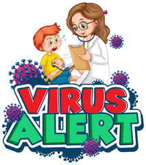 Font design for word virus alert with sick boy and doctor