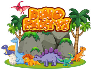 Font design for word dino party with many dinosaurs in forest © GraphicsRF