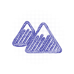 Mountains icon. Linear style with thin outline. Hand drawn sketched picture with scribble fill. Blue ink. Doodle on white background