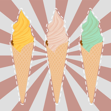 three ice cream cones on a striped isolated background. Vector image
