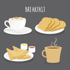 Set of Breakfast, Coffee and Bread Toast. Cartoon Vector