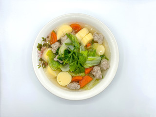 Clear Soup with Bean Curd and Minced Pork with white background.