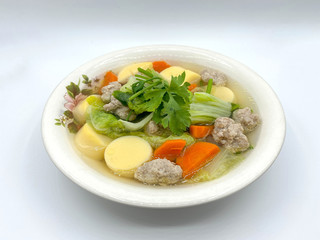 Clear Soup with Bean Curd and Minced Pork with white background.
