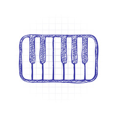 Piano keyboard icon. Hand drawn sketched picture with scribble fill. Blue ink. Doodle on white background