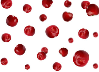 Set of falling ripe cherries on white background