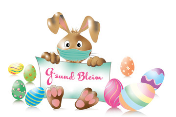 Osterhase mit Mundschutz mit Banner G´sund bleim.