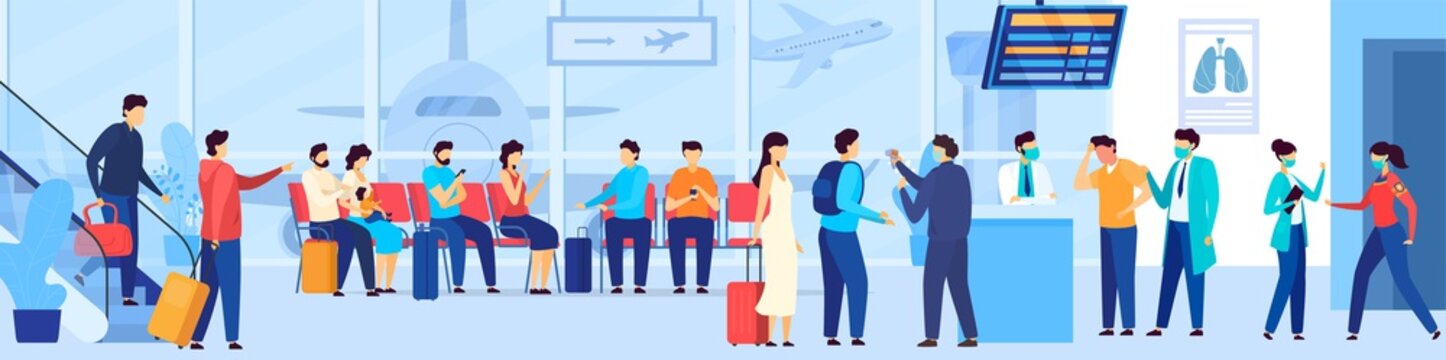 People waiting in airport queue, tourist evacuation from coronavirus epidemic region, vector illustration. Passengers in airport terminal, men and women travel with baggage. Medical precaution control
