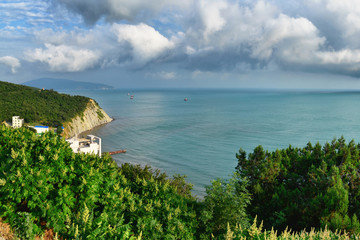 Black Sea. Panorama from the warm and sunny coast of the Krasnodar Territory. Nature and turquoise...