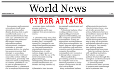 Closeup view of newspaper with headline CYBER ATTACK
