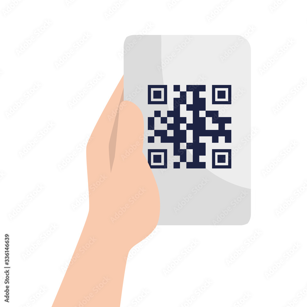 Poster hand holding qr code over paper design of technology scan information business price communication b