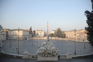 Rome, Italy-29 Mar 2020: Popular tourist spot Piazza del Popolo is empty following the coronavirus confinement measures put in place by the governement, Rome, Italy