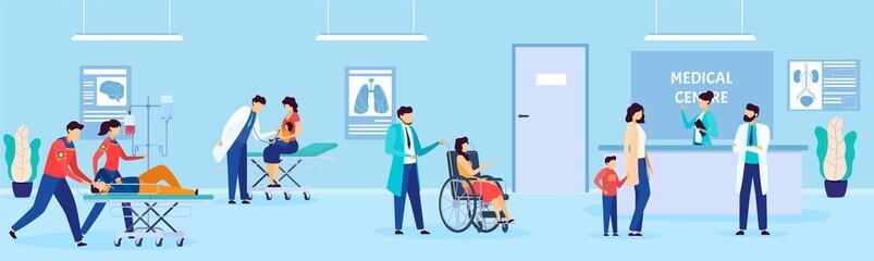 Patients and doctor in hospital, disabled people at medics clinic, healthcare cartoon vector illustration. Medical center, sick people lie with dropper, emergency medicine clinic for consultation.