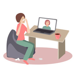 Fototapeta na wymiar Crying woman seating at her desk in front of her laptop having an online call with her therapist. Vector illustration