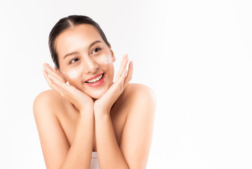 Young Asian beauty woman touching on beauty facial skin. Natural face care and skincare concept.
