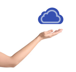 Woman holding virtual cloud icon on white background, closeup of hand. Data storage concept
