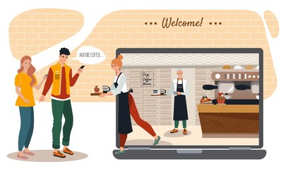 Coffee shop and bakery online order, delivery service catoon vector illustration of young couple with smartphone and food delivery app and webpage. Coffee, cake buy now on smart phone or computer.