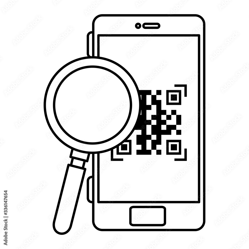 Poster qr code inside smartphone and lupe design of technology scan information business price communicatio