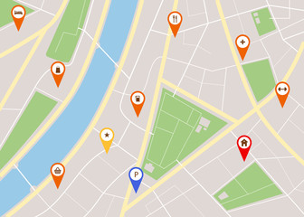 Fototapeta premium Cartoon City Map with Red Pins Concept. Vector