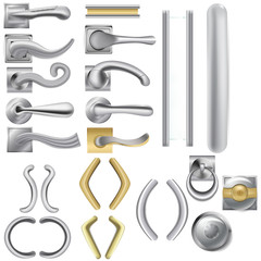 Realistic Detailed 3d Shiny Metal Door Handles Set. Vector