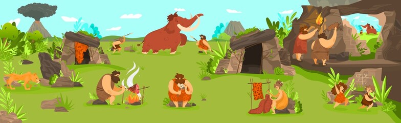 Obraz na płótnie Canvas Prehistoric people life in primitive tribe settlement, men hunting mammoth and children playing, vector illustration. Caveman using tools and drawing animals on stone rock. Landscape scene cartoon