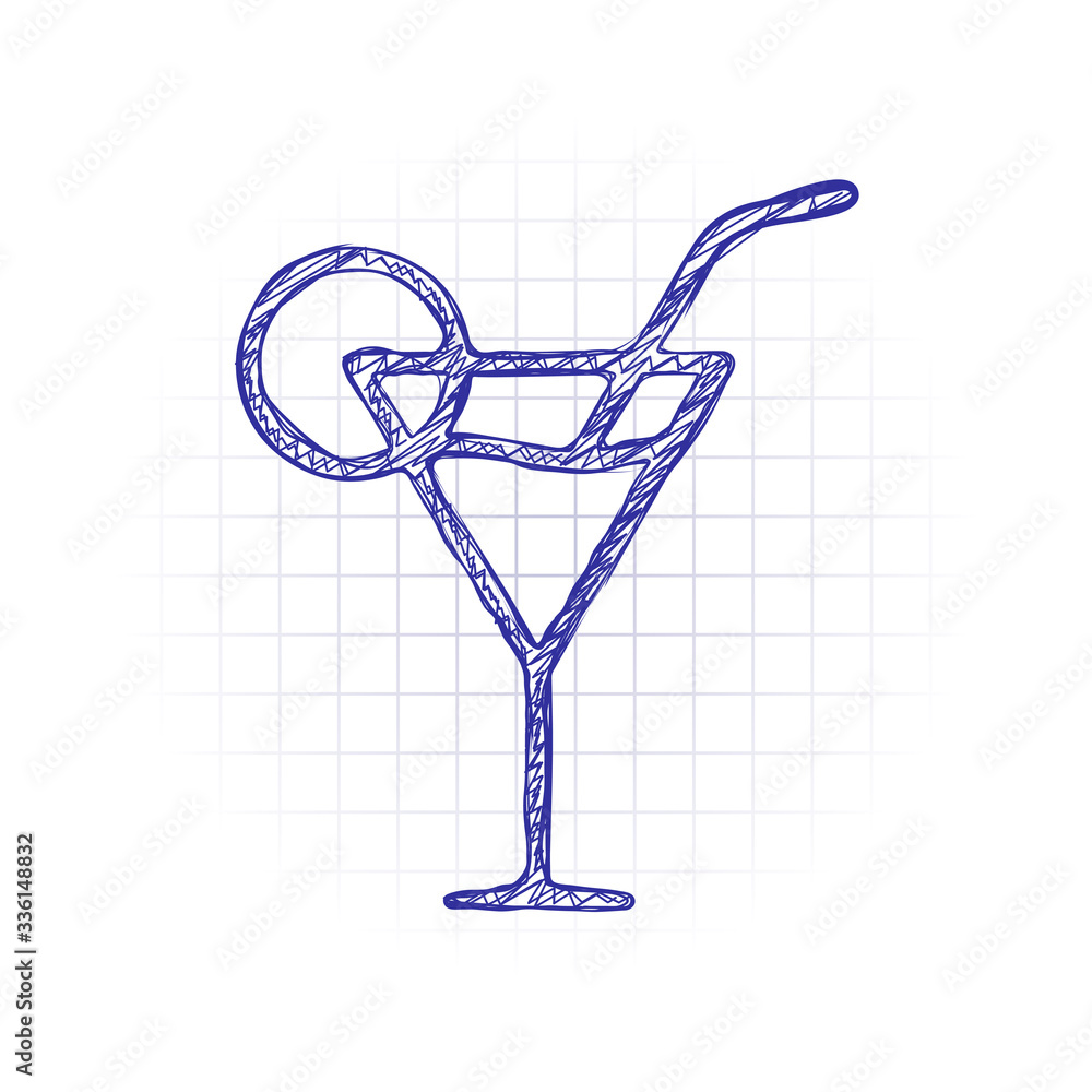 Poster coctail glass. simple linear icon with thin outline. hand drawn sketched picture with scribble fill.