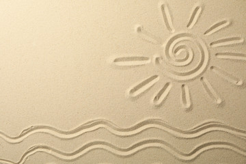 Fototapeta na wymiar Picture of sun and waves on sea sand background