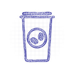 Coffee cup, coffee to go. Simple linear icon, thin outline. Hand drawn sketched picture with scribble fill. Blue ink. Doodle on white background