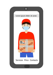 Mobile application courier delivery service. Courier on the phone screen.