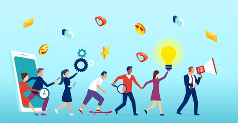 group of customers walking out of smartphone, social media platform sending feedbacks