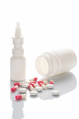 Pills on a white background. Closeup. Flu medicine. Infection treatment