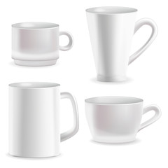 Realistic Detailed 3d Blank White Coffee Mugs Template Mockup Set. Vector