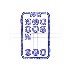 Simple mobile phone icon. Linear symbol, thin outline. Hand drawn sketched picture with scribble fill. Blue ink. Doodle on white background