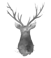 Silhouette of a deer. Abstract animal. Gray watercolour illustration isolated on white background. 