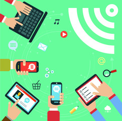 Vector illustration concept Wi-fi. Hands with gadgets and signal reception.