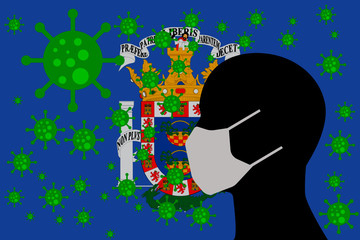 Human using a Mouth Face Masks or  Mouth Cover ro surrounded wiht virus with MELILLA flag