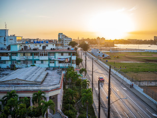 Fototapeta na wymiar Sunset over streets in Havana, Cuba