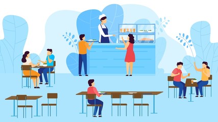 School canteen, cafeteria, children take tray with food, eating, drinking juice at tables cartoon vector illustration. Catering restaurant and canteen freshly cooked warm meals for schoolmates .