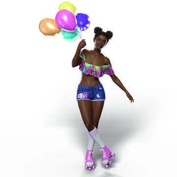 Roller Girl with Balloons (Transparent with Shadows)