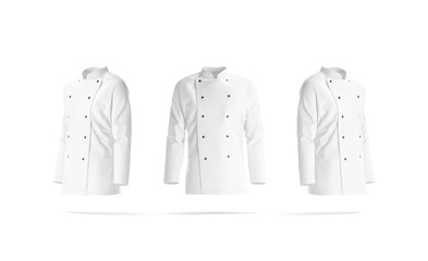 Blank white chef jacket with buttons mockup, front and side - obrazy, fototapety, plakaty