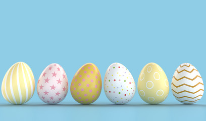 Happy Easter background with colorful 3d decorated eggs, Realistic holiday decoration with typography quote for celebration. greeting card, ad, promotion, poster, flyer, web-banner, article