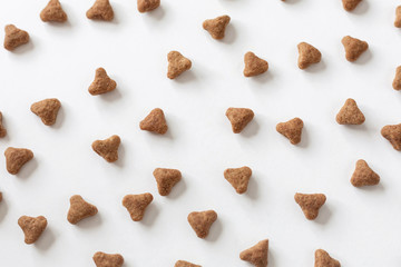 Background of cat dry food. Minimalistic white flat. Domestic kitty care. Natural backdrop