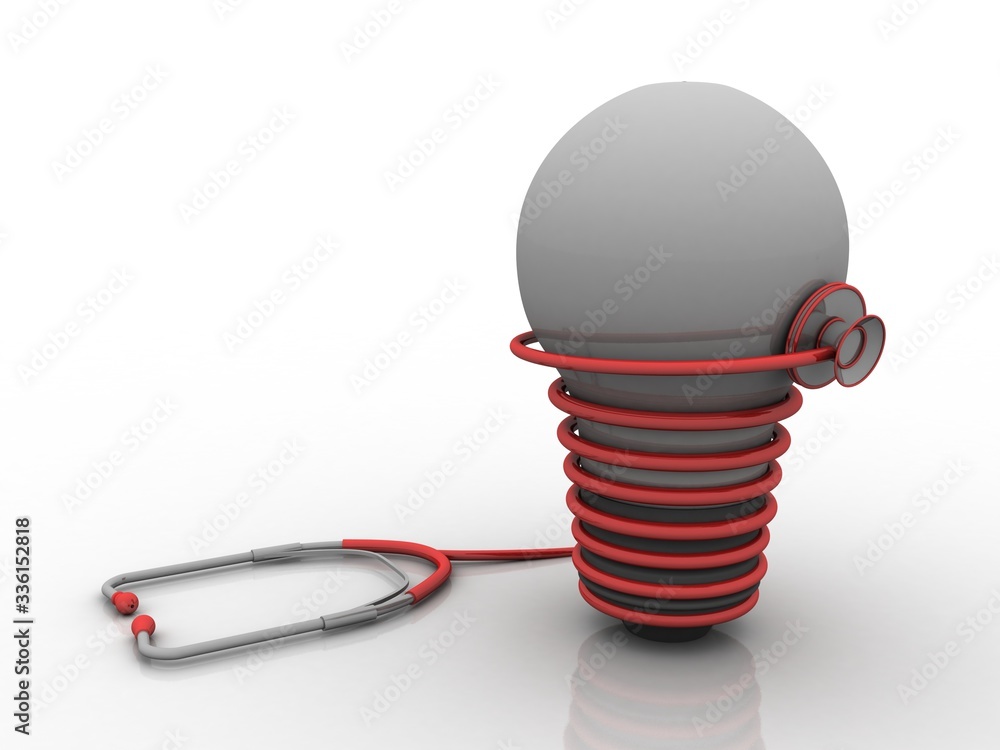 Poster 3d rendering led white lightbulb connected stethoscope