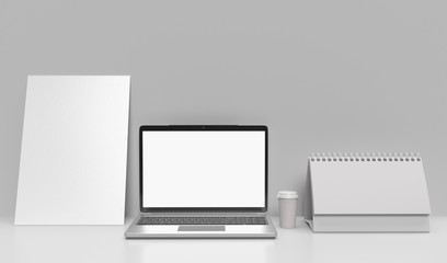 Empty space on wooden Desk with Laptop with blank white screen, Stylish workspace mock up